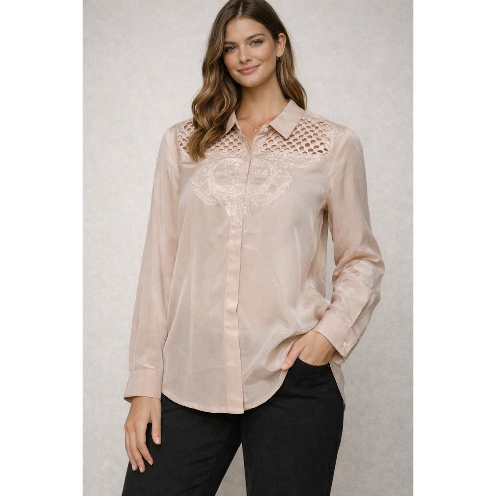Aryn K 100% Silk Blouse‎ Lace Embroidered Button Front blush pink Womens Small